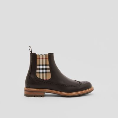 Vintage Check Panel Leather Chelsea Boots Dark Charcoal Brown - Men | Burberry® Official