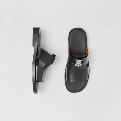Monogram Motif Leather Sandals Black - Men | Burberry® Official