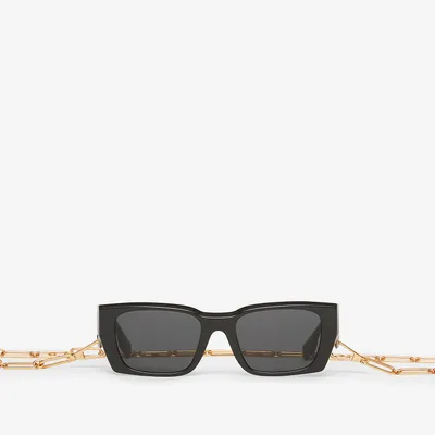 B Motif Rectangular Frame Sunglasses with Chain in Black - Women | Burberry® Official