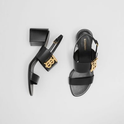 Monogram Motif Leather Block-heel Sandals Black | Burberry® Official