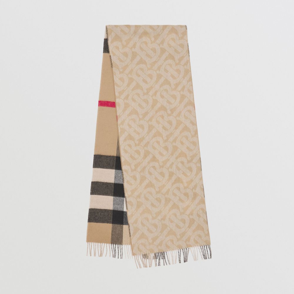 Reversible Check and Monogram Cashmere Scarf in Archive Beige | Burberry® Official