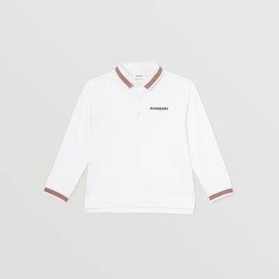 Long-sleeve Icon Stripe Detail Cotton Piqué Polo Shirt White | Burberry® Official