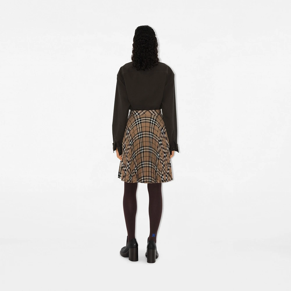 Pleated Check Wool Blend Skirt in Linden - Women, Nylon | Burberry® Official