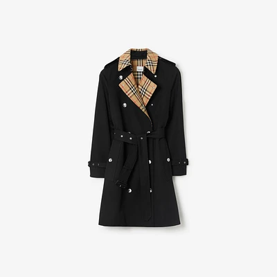 Short Check Collar Gabardine Trench Coat in Black - Women, Cotton | Burberry® Official