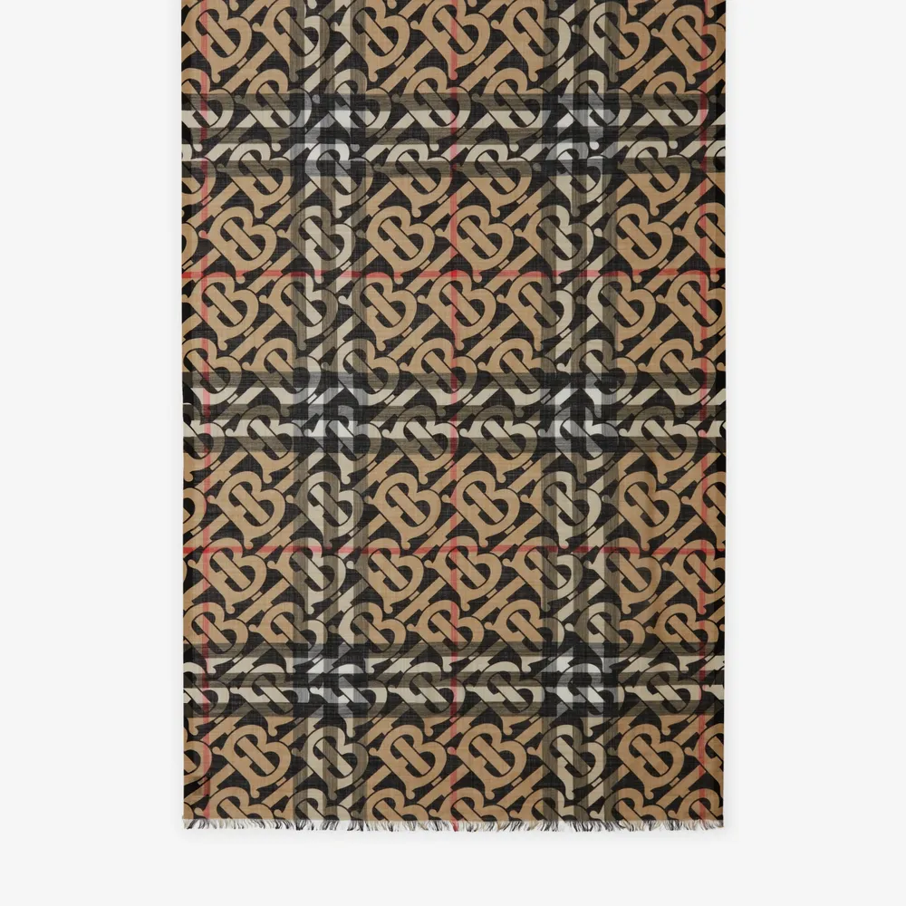 Check Lightweight Wool Silk Scarf in Archive Beige