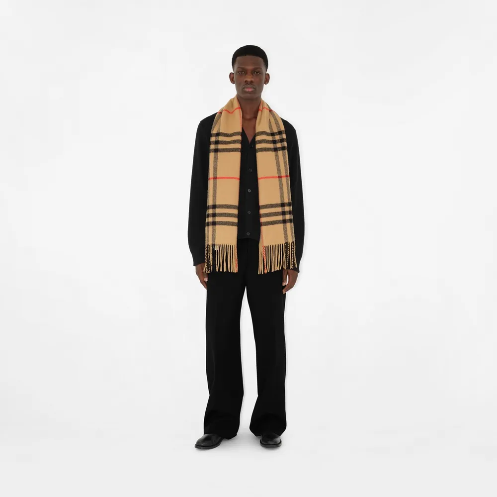 Check Wool Cashmere Scarf in Archive Beige