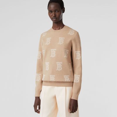 Monogram Wool Silk Blend Jacquard Sweater Light Camel - Women | Burberry® Official