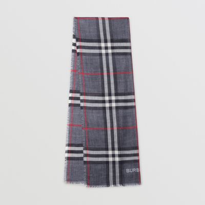 Lightweight Check Wool Silk Scarf in Navy | Burberry® Official