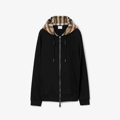 Check Hood Cotton Zip Hoodie in Black/archive beige - Men | Burberry® Official