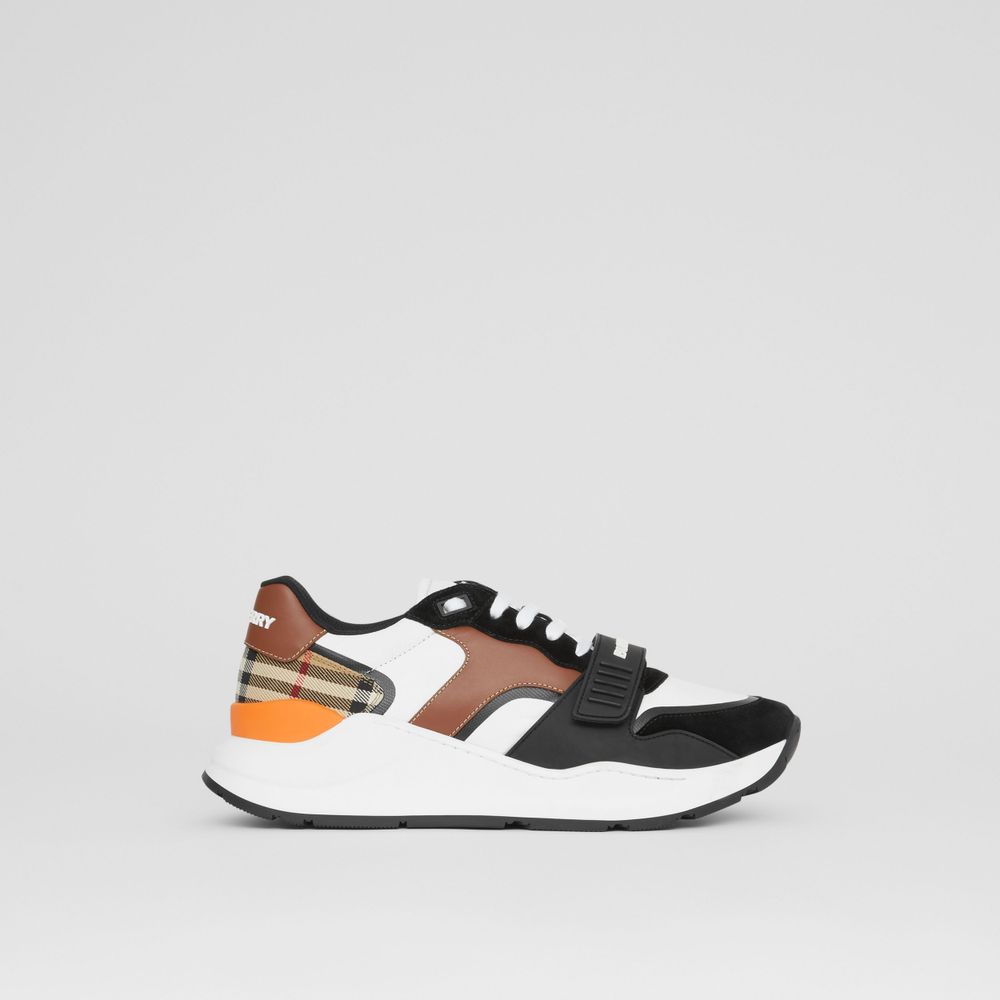 Leather, Suede and Vintage Check Sneakers Black/archive Beige - Women | Burberry® Official