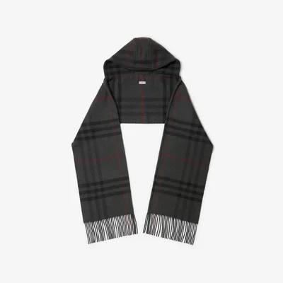 Check Wool Cashmere Hooded Scarf in Charcoal | Burberry® Official