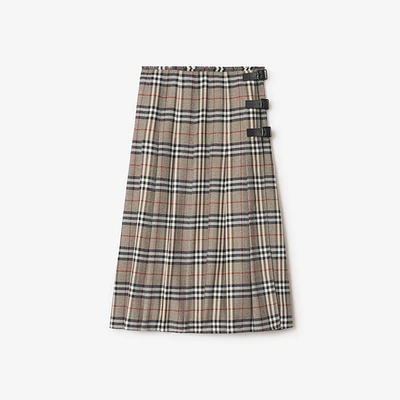 Check Wool Midi Kilt in Crater/dark charcoal - Women | Burberry® Official