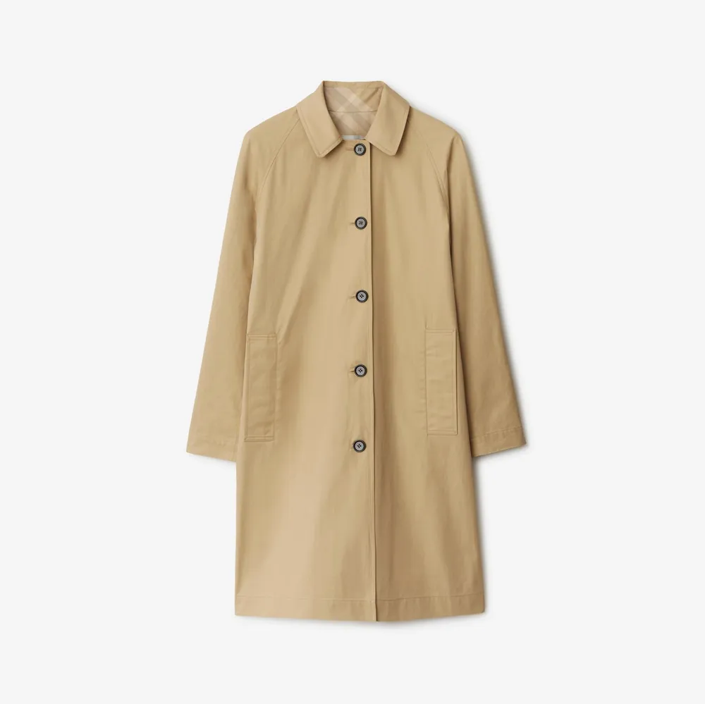 Mid-length Reversible Check Gabardine Car Coat in Flax - Women, Cotton Gabardine | Burberry® Official