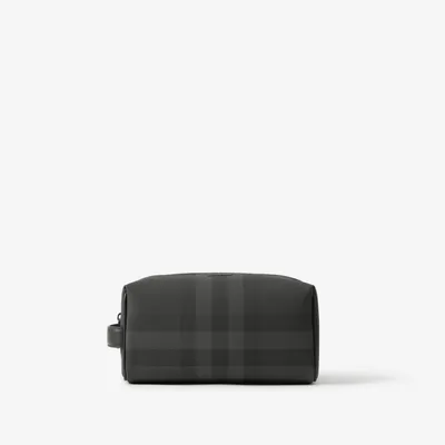 Check and Leather Travel Pouch in Charcoal - Men, Canvas | Burberry® Official