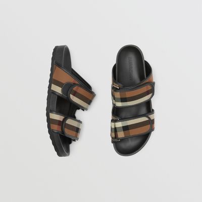 Check Cotton and Leather Slides Birch Brown - Men | Burberry® Official