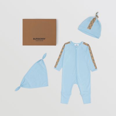 Check Trim Cotton Three-piece Baby Gift Set Powdered Blue - Children | Burberry® Official