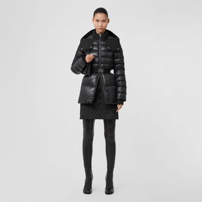 Contrast Hood Nylon Belted Puffer Jacket Black - Women | Burberry® Official