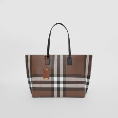 Check and Leather Medium Tote in Dark Birch Brown | Burberry® Official