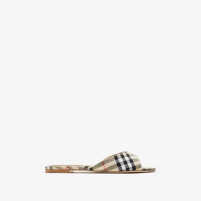 Check Mews Slides in Sand - Women, Linen | Burberry® Official
