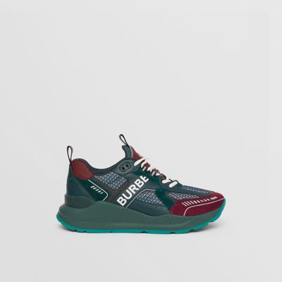 Logo Print Leather, Suede and Mesh Sneakers Green/burgundy/white - Men | Burberry® Official