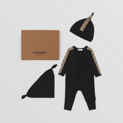 Check Trim Cotton Three-piece Baby Gift Set Black - Children | Burberry® Official