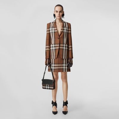Check Wool Cotton Jacquard Mini Skirt Dark Birch Brown - Women | Burberry® Official