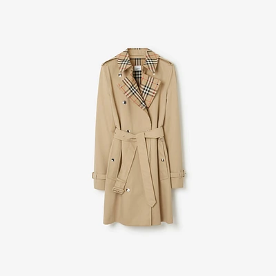 Short Check Collar Gabardine Trench Coat in Honey - Women, Cotton | Burberry® Official