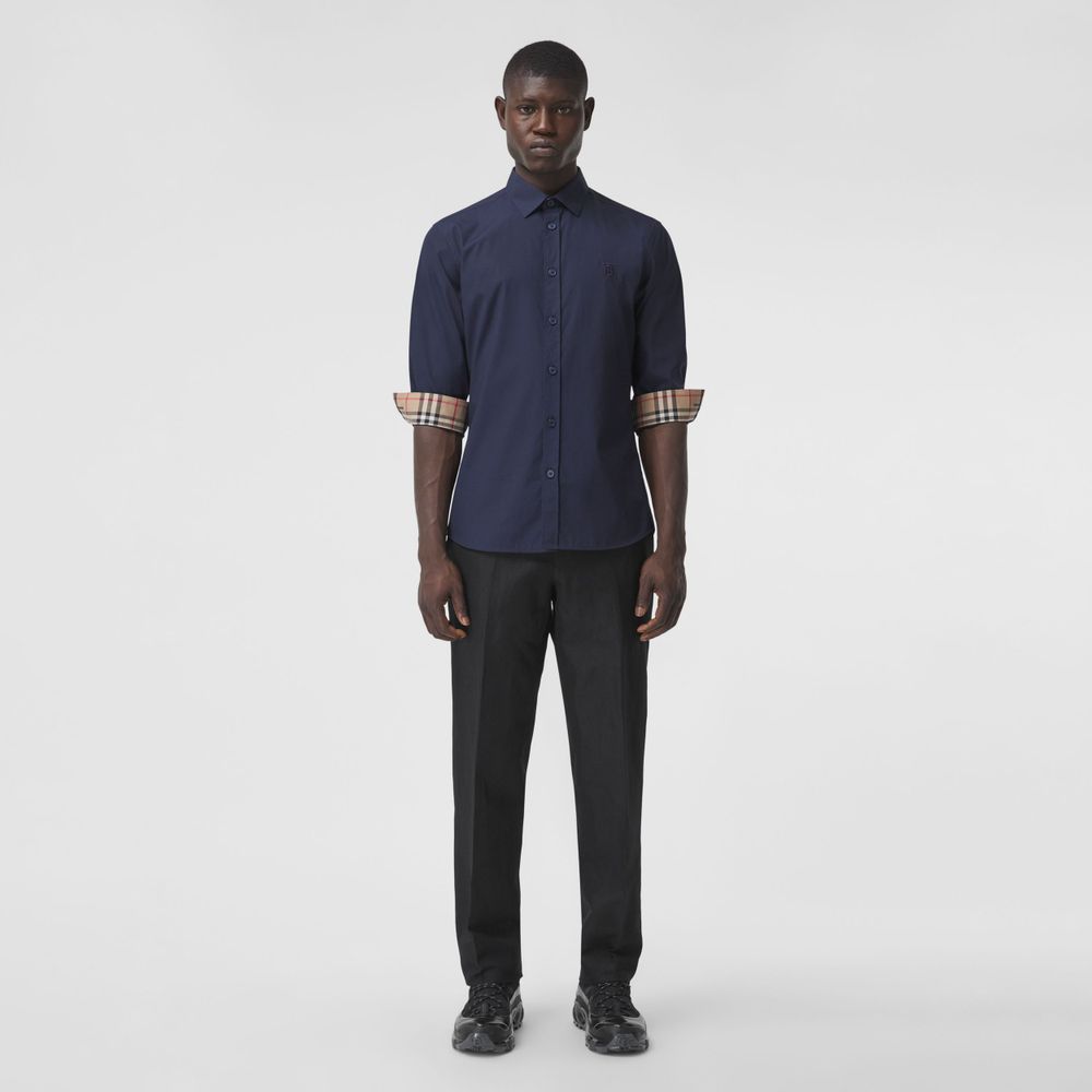 Slim Fit Monogram Motif Stretch Cotton Poplin Shirt Navy - Men | Burberry® Official