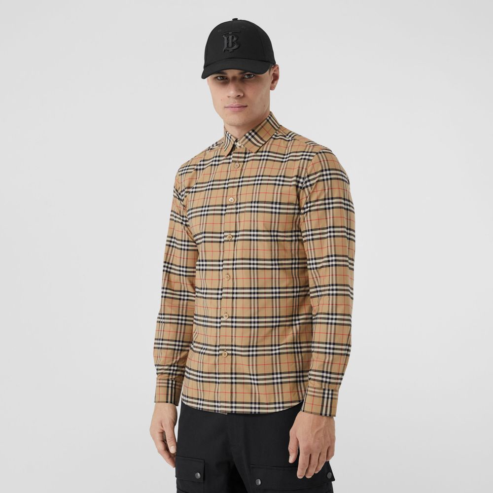 Small Scale Check Stretch Cotton Shirt Archive Beige - Men | Burberry® Official