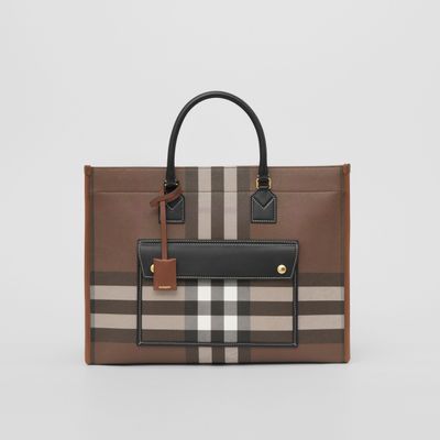 Check and Leather Medium Freya Tote in Dark Birch Brown - Women | Burberry® Official