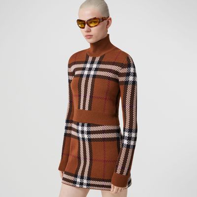 Check Wool Jacquard Cropped Sweater Dark Birch Brown - Women | Burberry® Official
