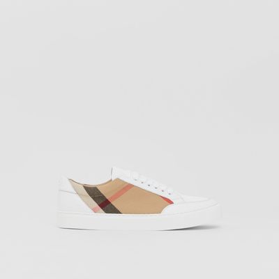 House Check and Leather Sneakers Optic White - Women | Burberry® Official
