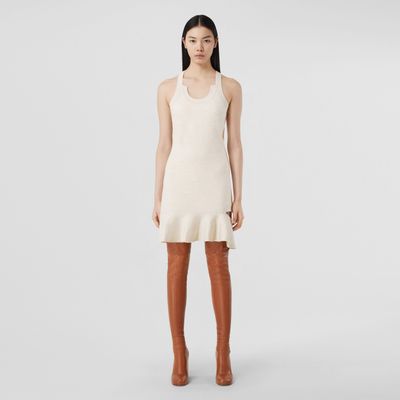 Cut-out Peplum Hem Silk Wool Blend Dress Oatmeal - Women | Burberry® Official