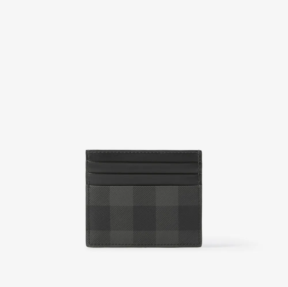 Check and Leather Card Case in Charcoal - Men