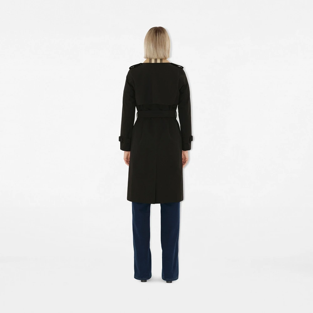 Long Check Collar Gabardine Trench Coat in Black - Women