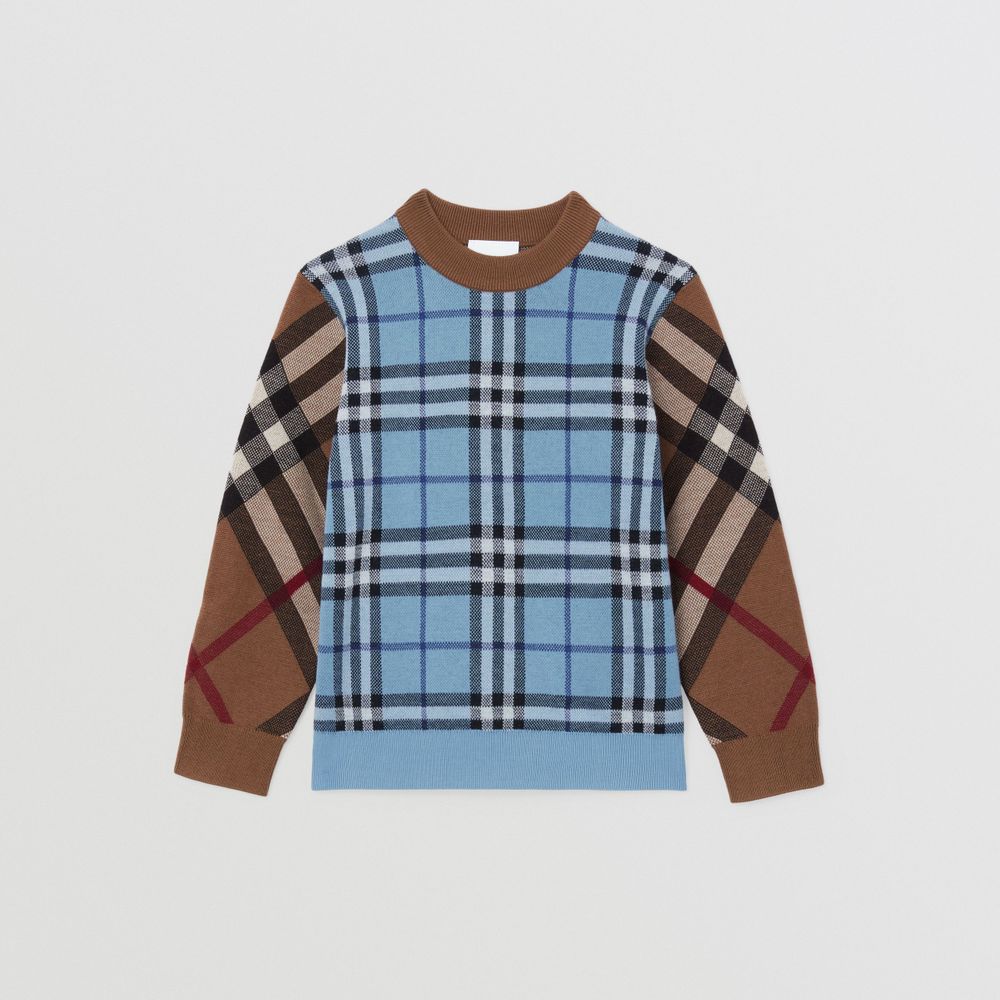 Contrast Check Wool Cotton Blend Sweater Blue | Burberry® Official