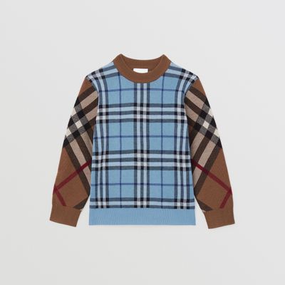 Contrast Check Wool Cotton Blend Sweater Blue | Burberry® Official