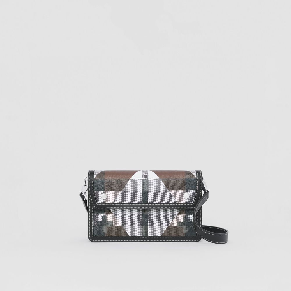Geometric Check and Leather Crossbody Bag in Dark Birch Brown - Men | Burberry® Official