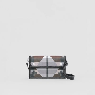 Geometric Check and Leather Crossbody Bag in Dark Birch Brown - Men | Burberry® Official