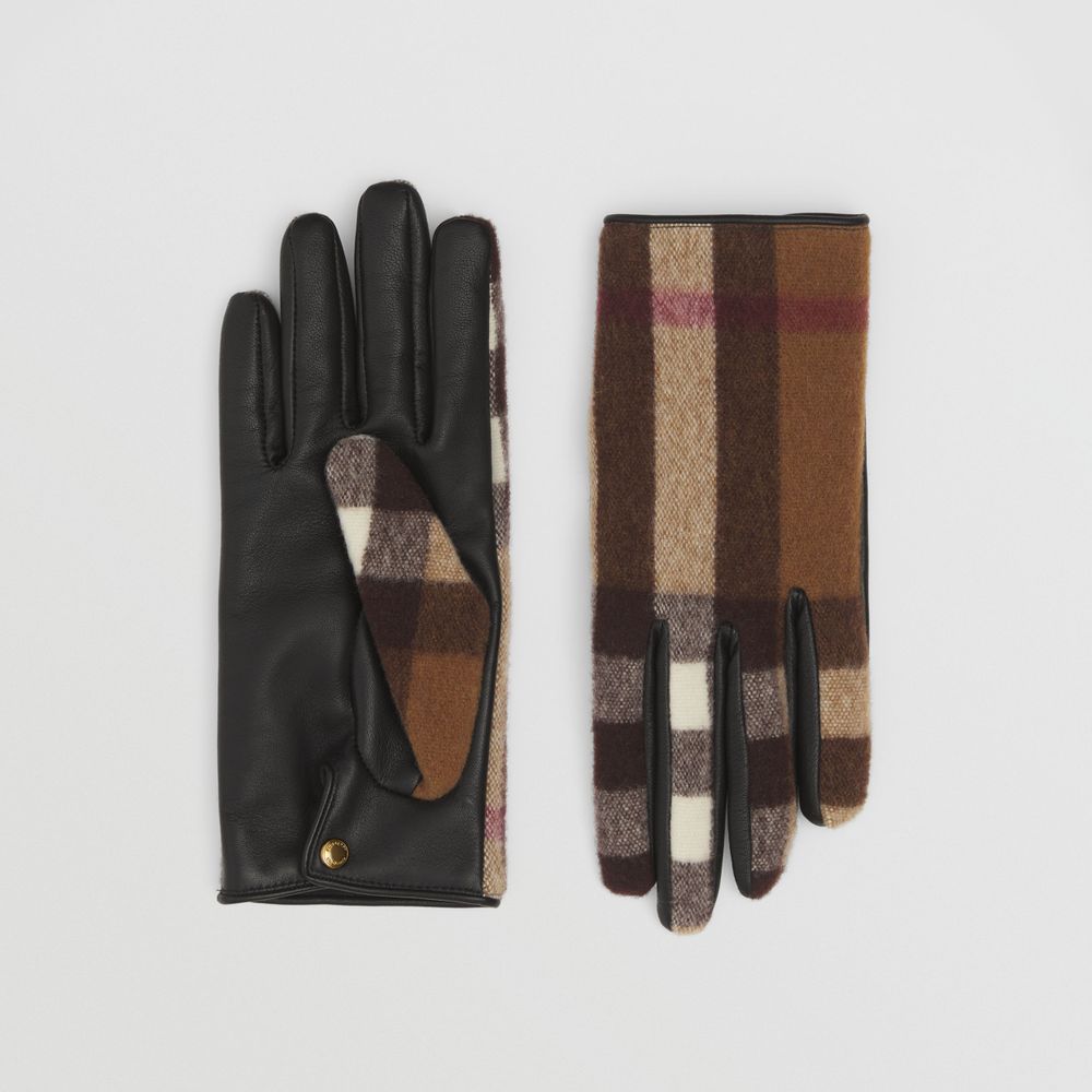 Exaggerated Check Wool and Leather Gloves Birch Brown | Burberry® Official