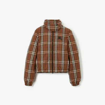 Cropped Check Nylon Puffer Jacket in Dark birch brown - Women | Burberry® Official