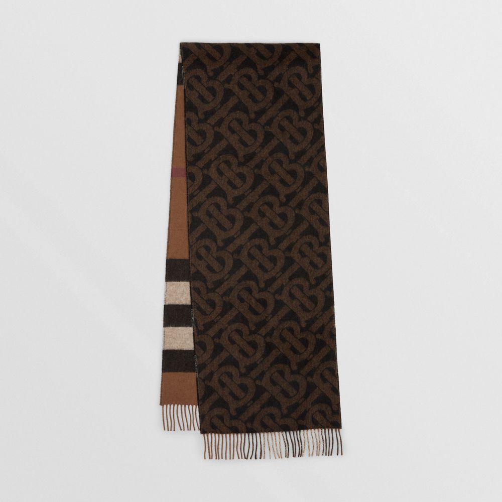 Reversible Check and Monogram Cashmere Scarf in Birch Brown | Burberry® Official