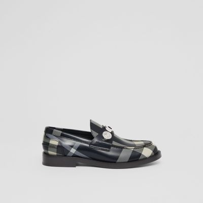 Logo Detail Check Leather Loafers - Exclusive Capsule Collection Dark Charcoal Blue Women | Burberry® Official