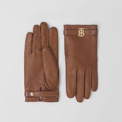 Monogram Motif Leather Gloves Tan | Burberry® Official
