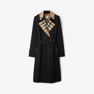 Long Check Collar Gabardine Trench Coat in Black - Women, Cotton Gabardine | Burberry® Official