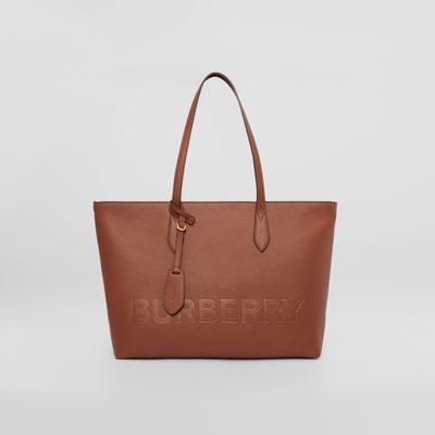Medium Logo Embossed Leather Tote in Tan - Women | Burberry® Official