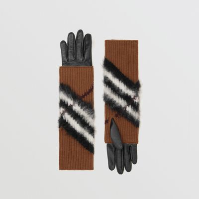 Chevron Check Overlay Leather Gloves Dark Birch Brown | Burberry® Official