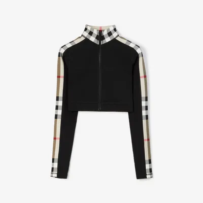 Cropped Check Trim Stretch Jersey Zip Top in Black - Women, Nylon | Burberry® Official