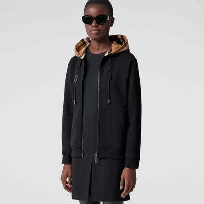 Check Hood Cotton Hooded Top Black | Burberry® Official
