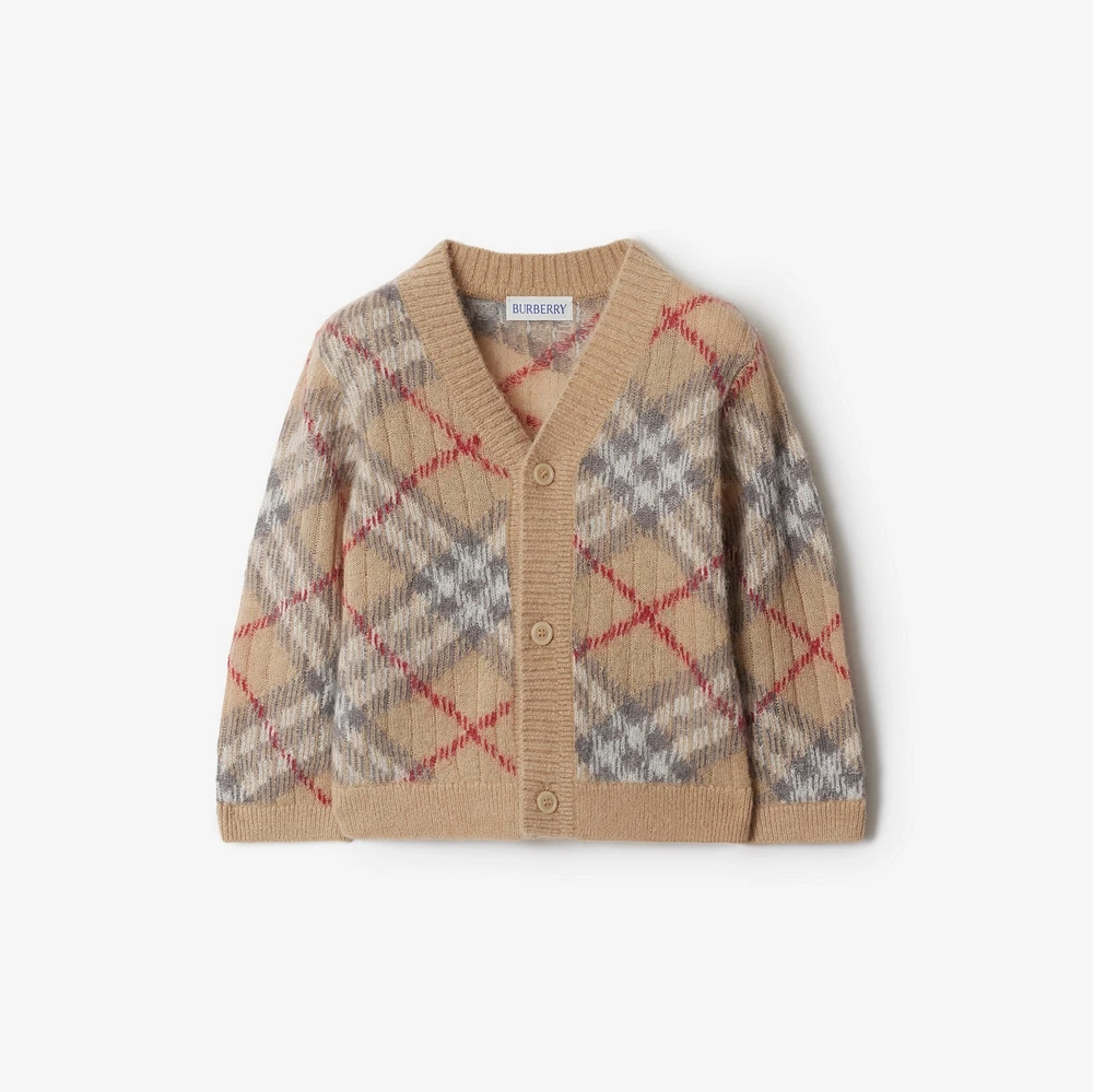 Check Alpaca Wool Silk Blend Cardigan in Pale stone - Children | Burberry® Official